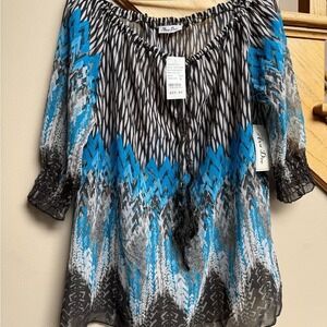 NWT‎ Eva Dee Womens Blouse Top Large Blue Geometric Artsy Tropical Resort Chic
